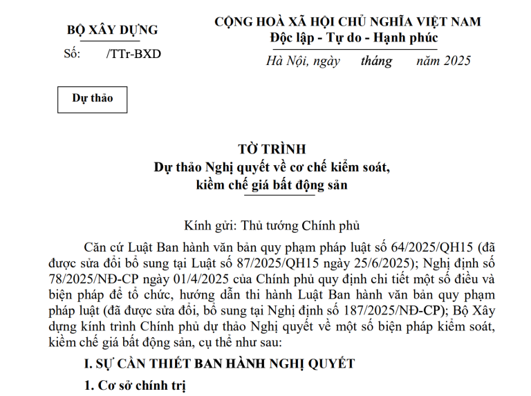 Tờ trình Dự thảo Nghị quyết về cơ chế kiểm soát, kiềm chế giá bất động sản